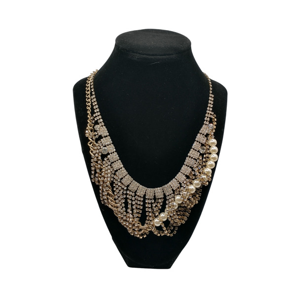 BR Mixed Media 19.5" Necklace Gold Tone Rhinestones Faux Pearls Sparkle Occasion - Picture 8 of 8